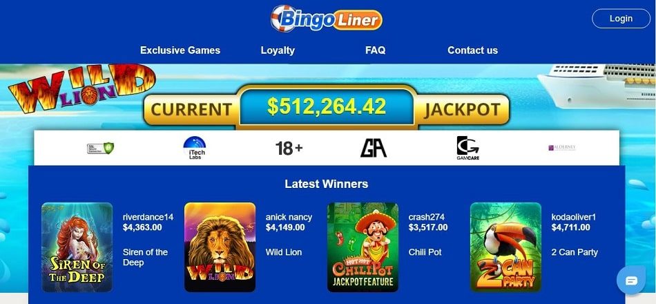 Bingo Liner homepage view and jackpots España