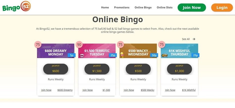 Bingo52 online bingo games and promotions España