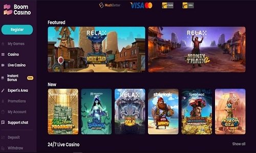 Boom Casino homepage and featured slot games for Canadian players