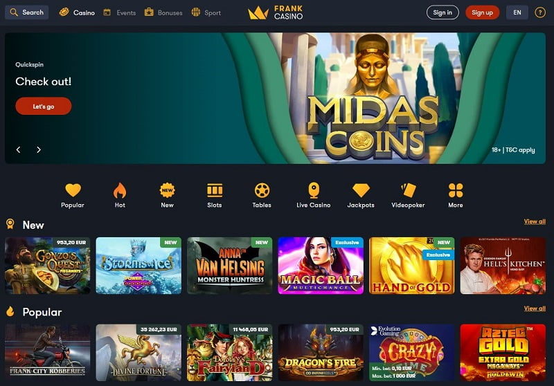 frank casino homepage screenshot CA