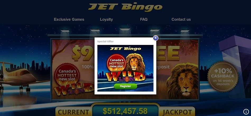 Jet Bingo homepage and exclusive games España