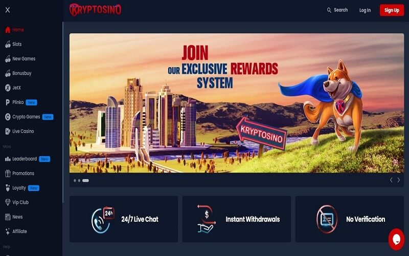 Kryptosino online casino homepage view
