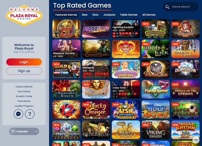 Plaza Royal Casino homepage view of slot games España