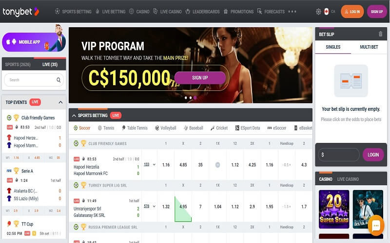 Tonybet online casino homepage view