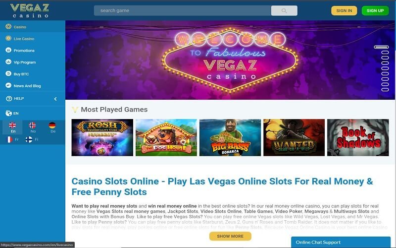 Vegaz casino website homepage view España
