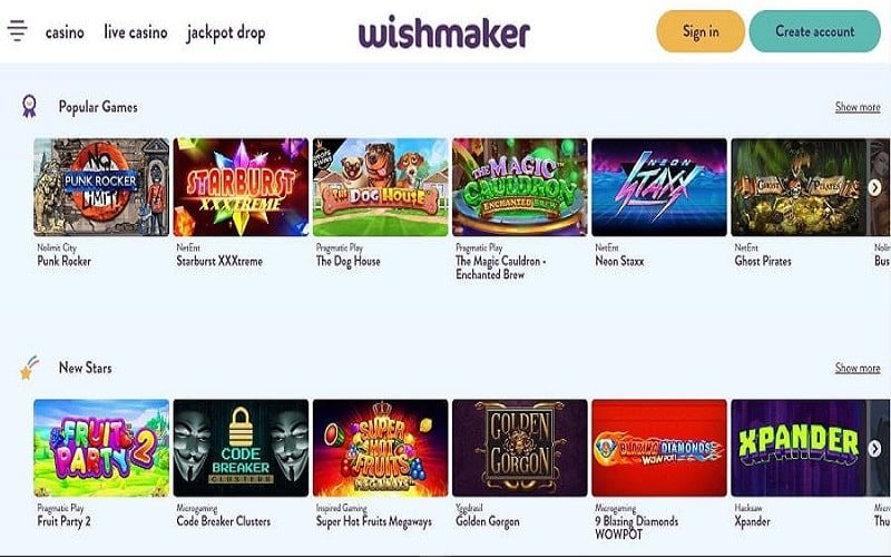 Wishmaker Casino online homepage view of popular games- España