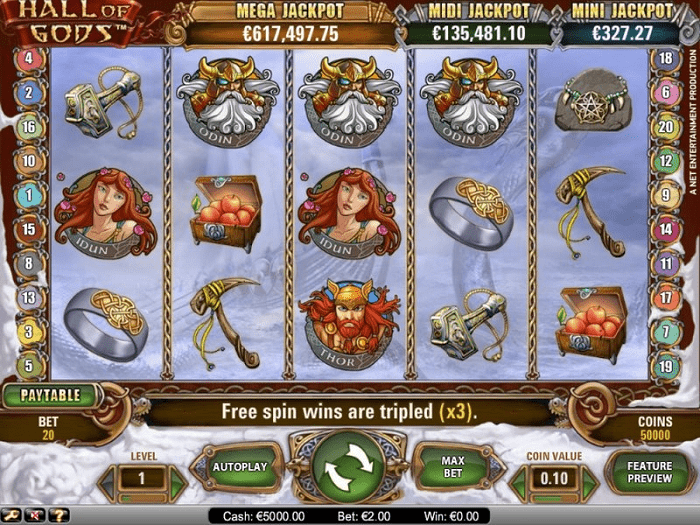 Hall of gods slot game by netent reels view